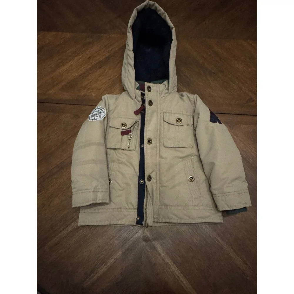 OshKosh Bgosh Boys Tan Khaki Sherpa Lined Hooded Winter Jacket Coat 3T